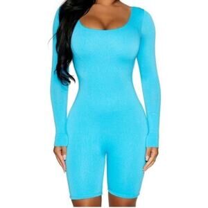 NWT Naked Wardrobe NW Scoop Me Up Long Sleeve Romper Ocean Blue sz XXS Snatched